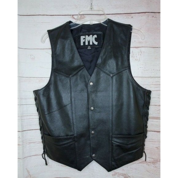 FMC Black Leather Button Side Tassel 2 Inside & Outside Pockets Size 38 Vest - Picture 3 of 12